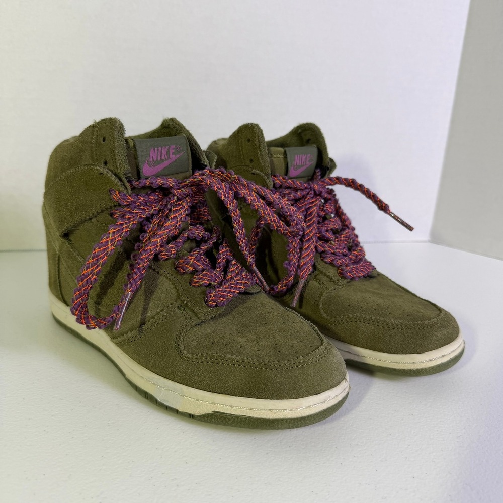 Nike Dunk Sky Hi Olive Green Suede Hidden Wedge Sneakers 528899-200 Womens 7